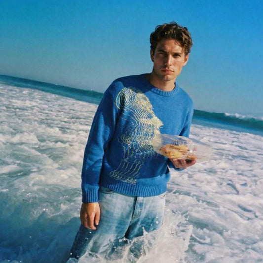 'Vibrations' Graphic Knitted Sweater - ocean blue